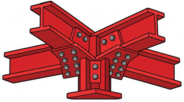 Red metal construction beam joint detail.