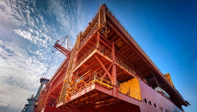 an angled medium shot looking up towards the partially installed bridge and superstructure block of a massive cargo ship in a shipyard dry dock focusing on structural connection p