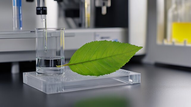 A photo shows a green leaf being tested in a chemistry lab. You can see liquid in a glass, lab tools, and a clear stand for displaying something.
