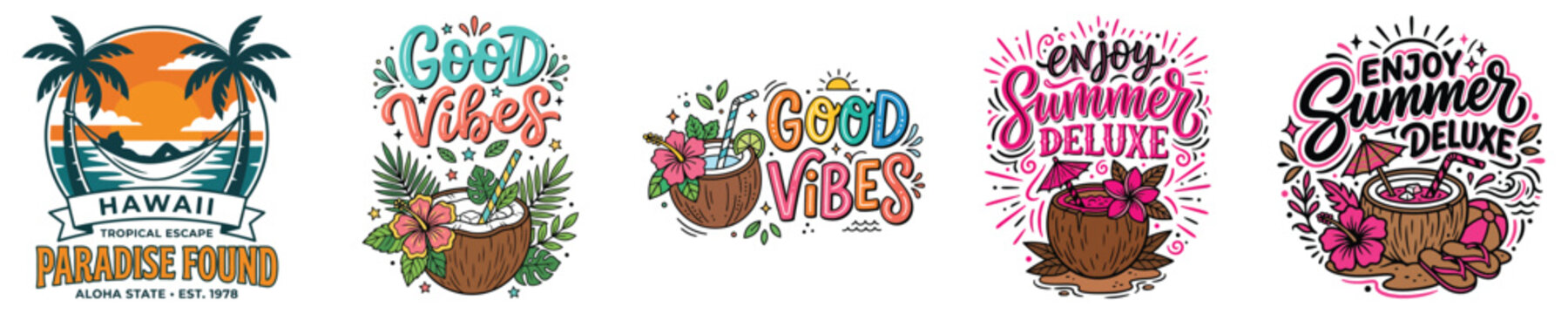 Set of summer tropical emblems with coconut cocktails, palm trees, hammock and lettering quotes vector illustration coconut vector t shirt vacation