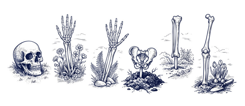 Human bones garden vintage illustration showing skull skeleton hands and pelvis growing from soil like plants in gothic macabre sketch style for spooky halloween botany concept design.