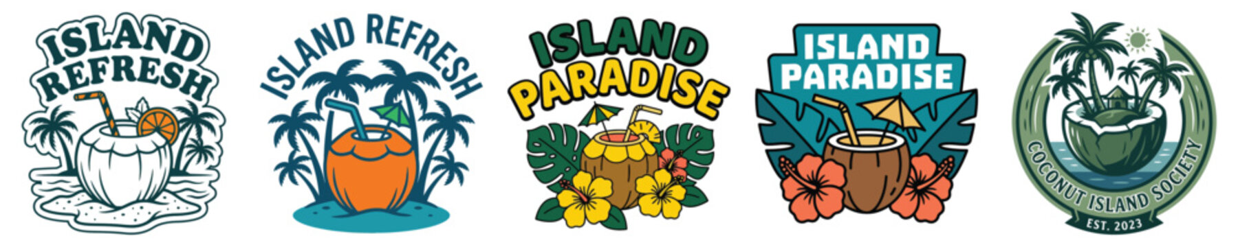 Set of tropical coconut cocktail logos with palm trees and flowers, vector illustration coconut vector t shirt vacation
