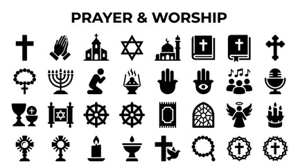 Naklejka premium Collection of diverse religious symbols and icons representing prayer worship and faith traditions from around the world spiritual icons for design and concept