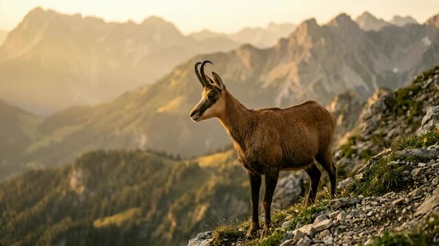 chamois goat eating on a rock close up at golden light in swiss alps switzerland