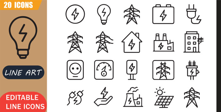 Isolated electric power icons set, 20 editable line art icons set, electric power, electricity grid utility, energy transmission distribution, infrastructure theme style, clean outline vector