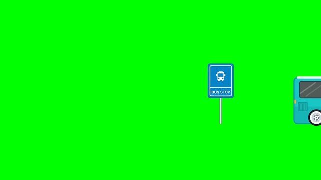 A blue city bus animation arriving and stopping at a bus stop sign on a green screen to represent public transportation, daily commuting, and urban transit concepts.
