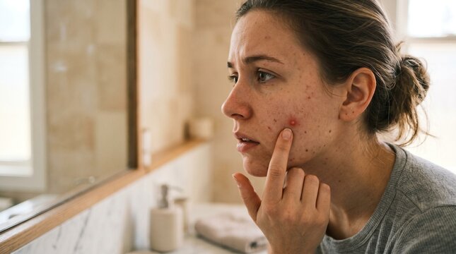 Woman Examining Skin in Bathroom Mirror.