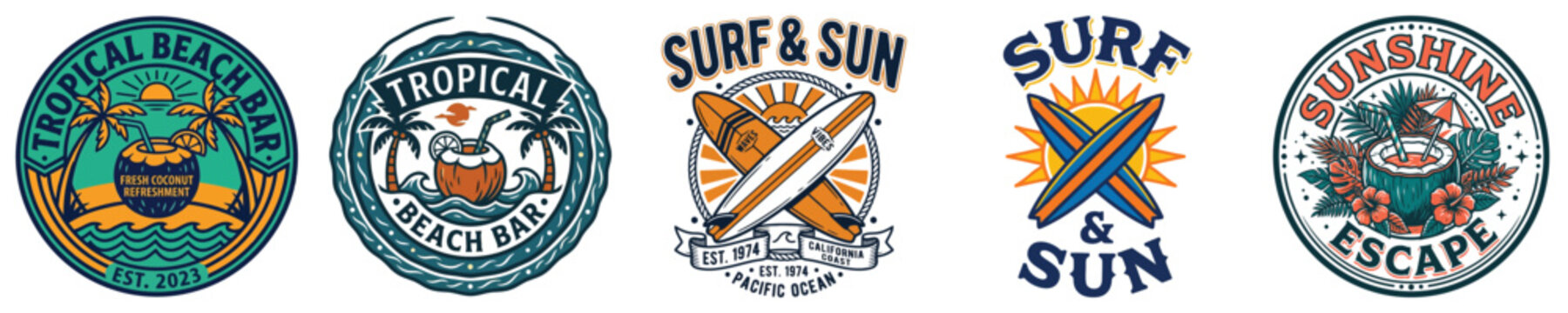 Set of vintage tropical beach and surfing emblems, logos, badges, and labels featuring palm trees, surfboards, coconuts, and sun, vector illustration coconut vector t shirt vacation