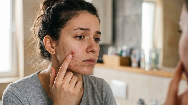 Woman Examining Skin in Mirror Closely.
