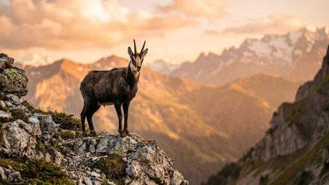 chamois goat eating on a rock close up at golden light in swiss alps switzerland