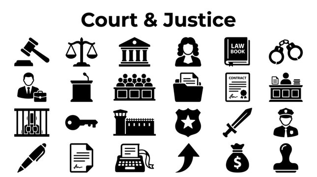 Court and justice icons collection representing legal proceedings, law enforcement, and judicial system concepts with various symbols.