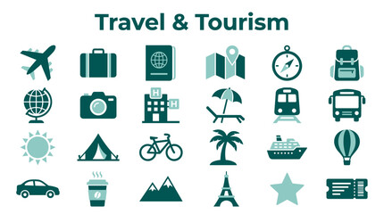 Fototapeta premium Travel and tourism icons collection representing various modes of transport accommodation and leisure activities for vacation planning and adventure concept