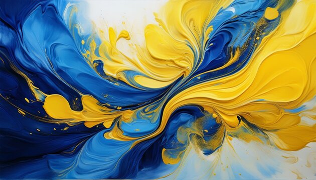 abstract painting creating fluid shapes and flowing textures with vibrant yellow and deep blue splashes on canvas background