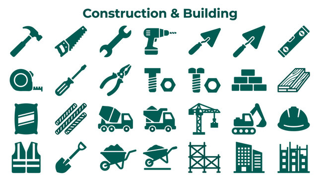 Collection of construction and building icons and tools representing industry and development with equipment for building projects and manual labor tasks