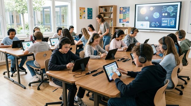 Diverse group of students wearing headphones engage with digital tablets and laptops in a modern, bright classroom setting with a teacher present