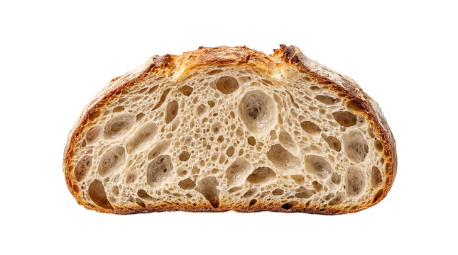 Cross section of a fresh sourdough bread loaf with large air bubbles and golden crispy crust isolated on transparent background