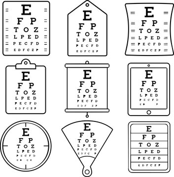 Set of eye exam charts in different sign and screen shapes