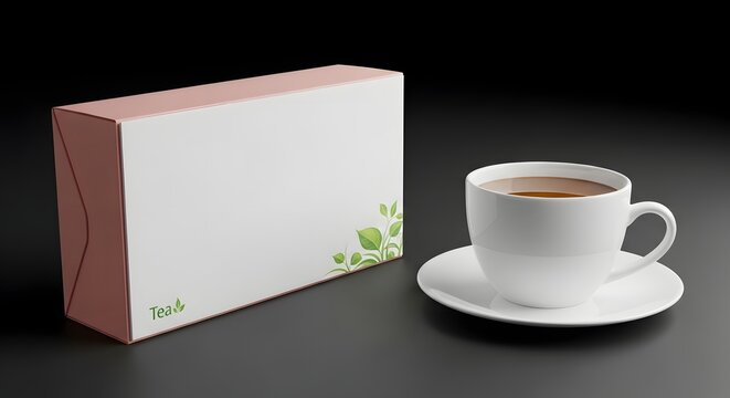 Tea box and cup mockup realistic packaging presentation for branding and product visualization