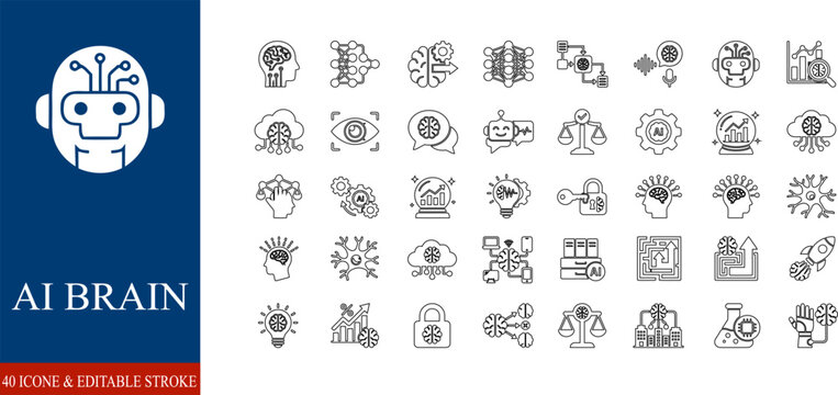 Collection of 40 editable ai and brain icons for business and technology