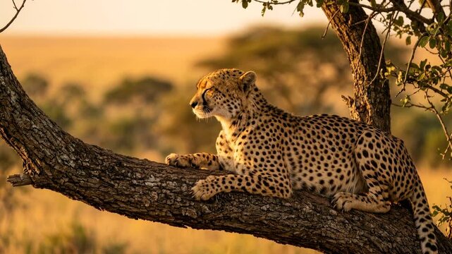 cheetah on a tree close up at golden light in serengeti national park tanzania
