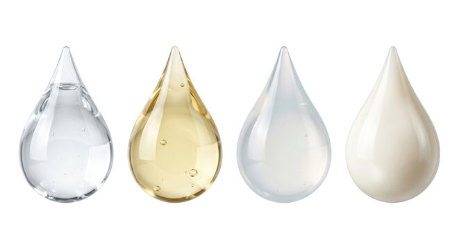 Cosmetic liquid drops clear golden serum and lotion, isolated on transparent background