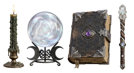 Mystical wizard objects crystal ball candle spellbook wand, isolated on transparent background © PNG Lab