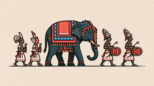 Flat 2D comic book style illustration of a traditional Sri Lankan cultural procession featuring a majestic decorated festival elephant and drummers.