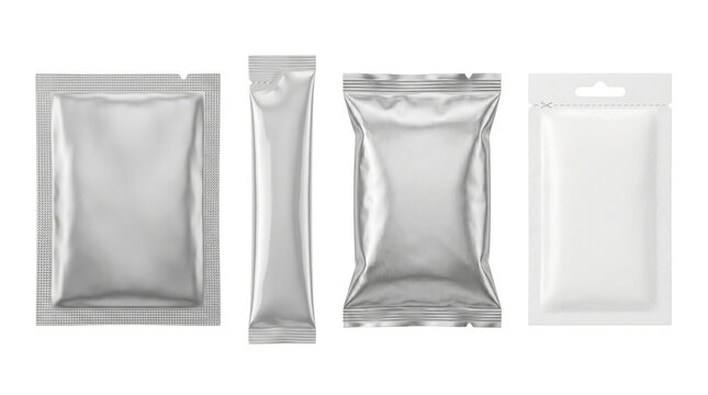 Blank metallic sachet pack pouches collection, isolated on transparent background