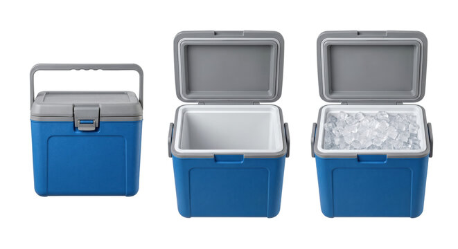 Portable blue cooler box progression from empty to ice, isolated on transparent background
