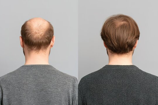 Man showing hair loss recovery progress by comparing two back view photos before and after treatment on grey background.
