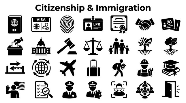 Citizenship and Immigration Concept Icons Representing Travel Law Government and Social Services