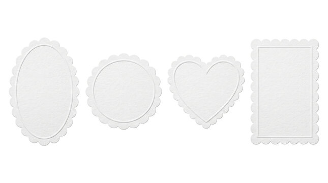 White embossed paper coasters in decorative shapes, isolated on transparent background