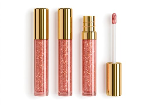 Rose gold glitter lip gloss tubes with gold caps and applicator brush isolated on white background for cosmetic marketing.