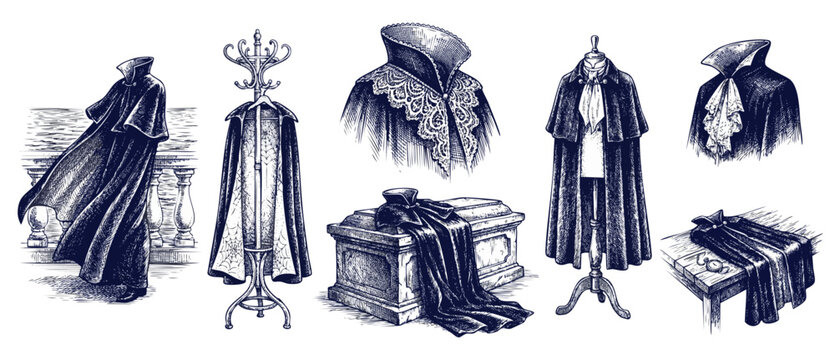 Vampire Cloak Gothic Cape Set featuring Victorian Dracula fashion elements placed on hangers and coffins for spooky Halloween horror concepts. Vintage hand drawn engraving sketch illustration graphic.