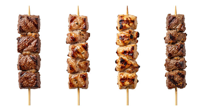 Grilled meat skewers beef and chicken kabobs, isolated on transparent background