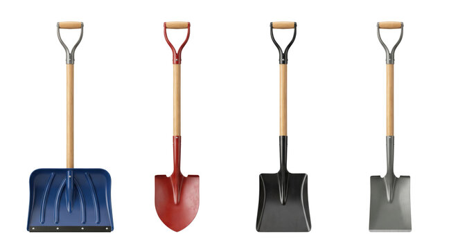 Snow shovel garden spades and excavation tools, isolated on transparent background