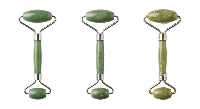 Jade facial rollers showing dry and wet texture, isolated on transparent background