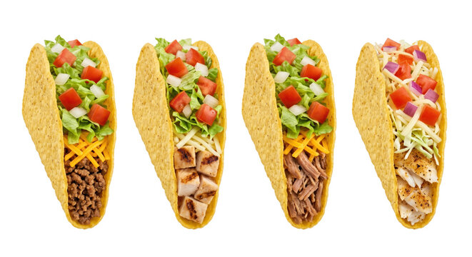 Assorted crunchy hard shell tacos varieties row, isolated on transparent background
