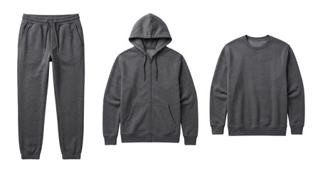 Dark grey fleece track pants hoodie sweatshirt set, isolated on transparent background © PNG Lab