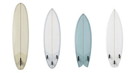 Obraz premium Surfboards variety in different shapes and fin setups, isolated on transparent background