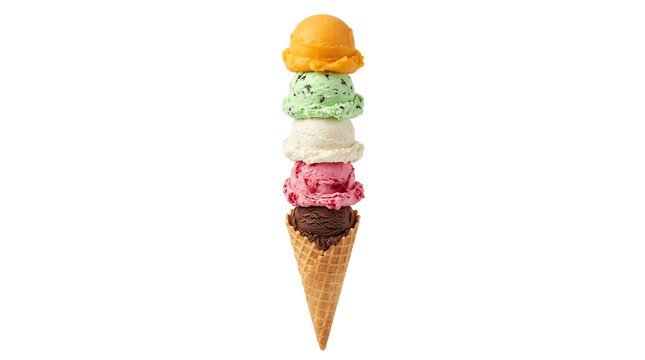 Colorful ice cream cone with five stacked scoops, assorted flavors of gelato in a waffle cone, vibrant summer dessert with multiple fruit and cream layers isolated PNG with Transparent Background
