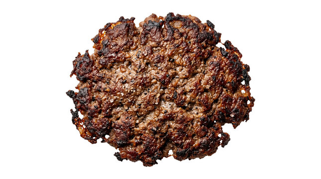 Smashed burger patty with crispy charred edges, grilled ground beef meat for smashburger, juicy seared hamburger steak with rustic texture isolated PNG with Transparent Background