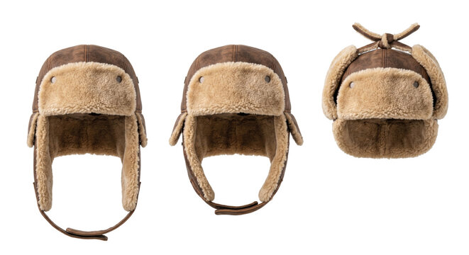 Brown leather ushanka hats with faux fur, isolated on transparent background