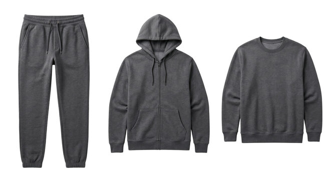 Dark grey fleece track pants hoodie sweatshirt set, isolated on transparent background