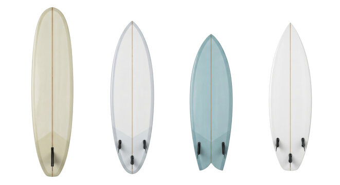 Surfboards variety in different shapes and fin setups, isolated on transparent background