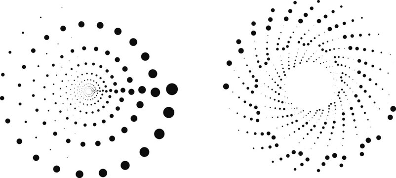 Abstract dotted spiral and circular vortex design elements isolated on transparent background