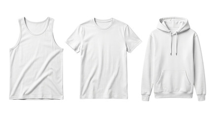 Basic white apparel tank top t shirt and hoodie mockups, isolated on transparent background © PNG Lab