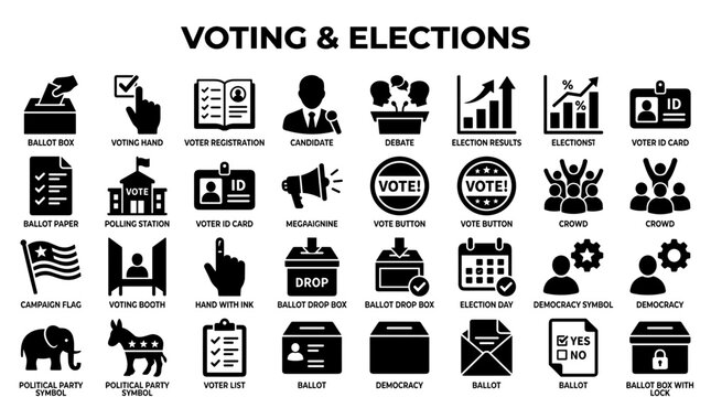 Voting and Elections icons set representing democratic process, political participation, and civic engagement with ballot, candidate, and voting booth symbols