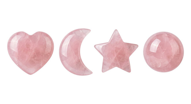 Rose quartz crystals carved in heart moon star sphere, isolated on transparent background