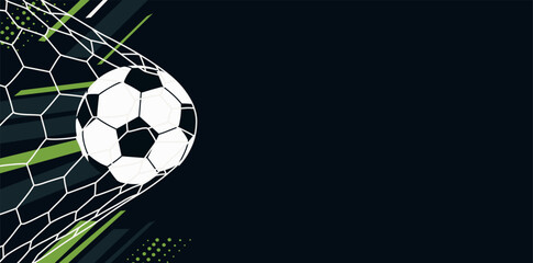 Football championship. Soccer ball in the net, shot on goal, flat style. Modern stylish vector horizontal banner for football, sporting events, championships, social media, tournaments, advertising © AyaLinesDesign